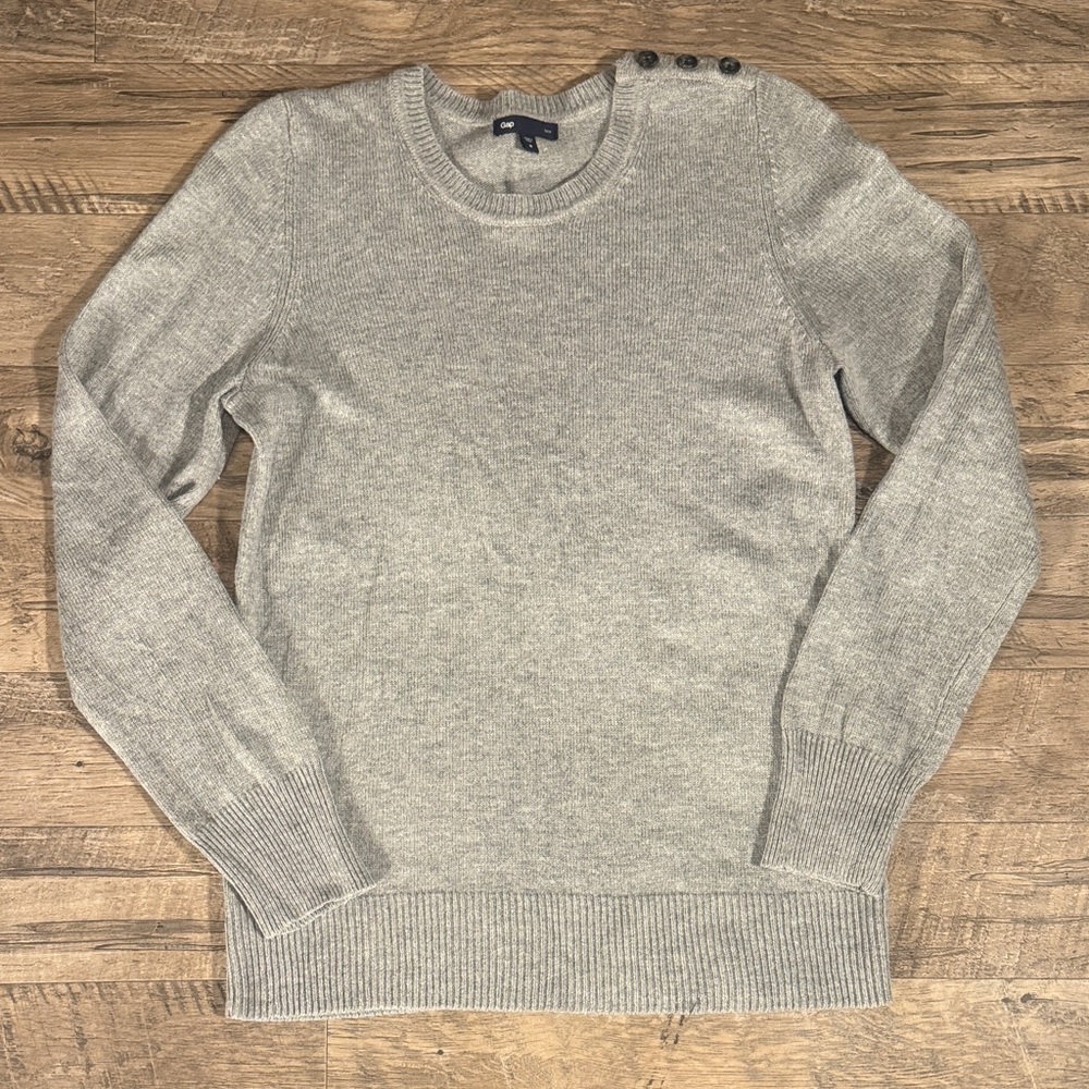 GAP “Luxe” Light Gray Crewneck Sweater with Button Detail